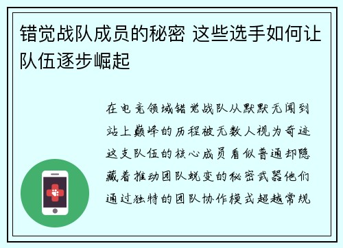 错觉战队成员的秘密 这些选手如何让队伍逐步崛起