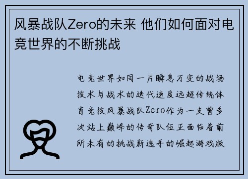 风暴战队Zero的未来 他们如何面对电竞世界的不断挑战